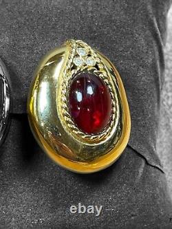 Vintage Elegant Givenchy Moghul Red Cabochon Rhinestone Clip Earrings