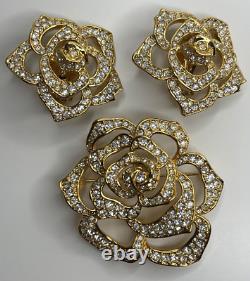 Vintage Elizabeth Taylor Avon Rose Rhinestone Gold Tone Brooch Clip Earrings Set