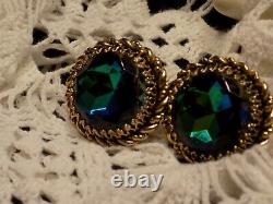 Vintage Elsa Schiaparelli Gold Tone & Blue Green Watermelon Rivoli Clip Earrings