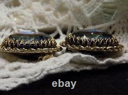 Vintage Elsa Schiaparelli Gold Tone & Blue Green Watermelon Rivoli Clip Earrings