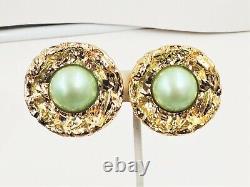 Vintage Escada Round Mint Cabochon Runway Statement Couture Clip Earrings