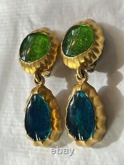 Vintage Essex Blue Green Gold Runway Clip Dangle Earrings Jelly Lucite Gripoix