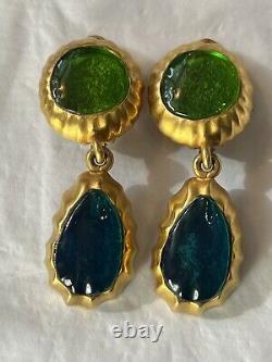 Vintage Essex Blue Green Gold Runway Clip Dangle Earrings Jelly Lucite Gripoix