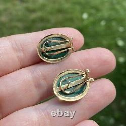 Vintage Estate Green Malachite 14k Gold Omega Clip Stud Earrings