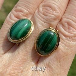 Vintage Estate Green Malachite 14k Gold Omega Clip Stud Earrings