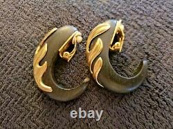 Vintage Estate ISABEL CONOVAS signed BLACK LARGE HORN GOLD LEAF CLIP EARRINGS