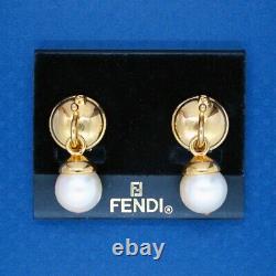 Vintage Fendi Signed Round Faux Pearl Dangle Gold Tone Clip-On Earrings on Card