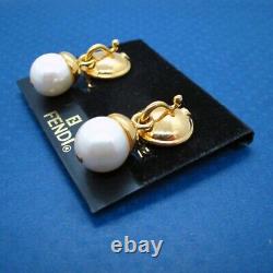 Vintage Fendi Signed Round Faux Pearl Dangle Gold Tone Clip-On Earrings on Card