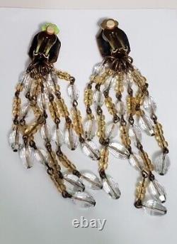 Vintage French Crystal Chandelier Earrings Citrine Clear Beads Clip Ons Unsigned