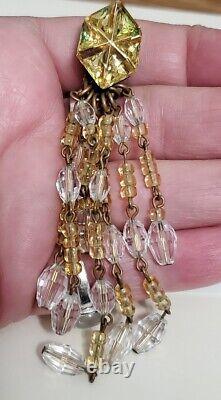 Vintage French Crystal Chandelier Earrings Citrine Clear Beads Clip Ons Unsigned