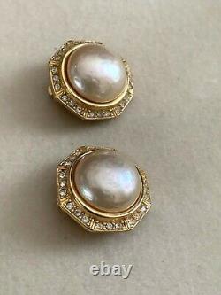 Vintage French Designer Clip-on Octogonal Earrings w. Crystals border & Pearl