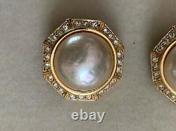 Vintage French Designer Clip-on Octogonal Earrings w. Crystals border & Pearl