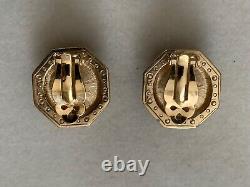 Vintage French Designer Clip-on Octogonal Earrings w. Crystals border & Pearl