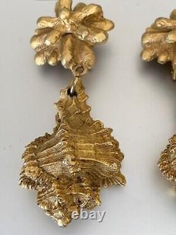 Vintage French Designers clip-on Earrings Golden Seashell Drop 8cm -Signed