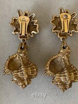 Vintage French Designers clip-on Earrings Golden Seashell Drop 8cm -Signed
