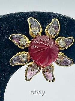 Vintage French Red & Pink Glass Gripoix Flower Clip Earrings