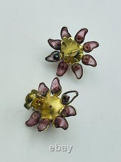 Vintage French Red & Pink Glass Gripoix Flower Clip Earrings