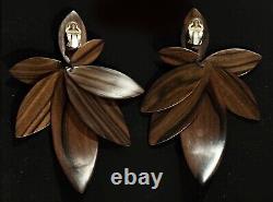 Vintage GERDA LYNGGAARD SIGNED MONIES DENMARK Large Wood Dangle Clip On Earrings