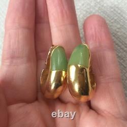 Vintage GIVENCHY Earrings Oval Gold Tone Jade Green Color Clip-on 1976