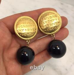Vintage GIVENCHY Gold Tone Dangle Black Stone Clip On Earrings Rare