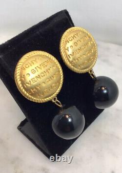 Vintage GIVENCHY Gold Tone Dangle Black Stone Clip On Earrings Rare