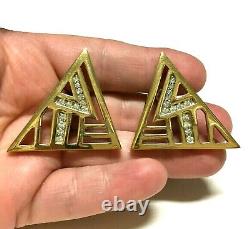 Vintage GIVENCHY Rhinestone Triangle Clip EARRINGS Gold PL Geometric H351j