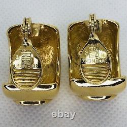 Vintage GIVENCHY Signed Coin Logo Medallion Hoop Clip On Earrings Gold Runway