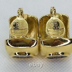 Vintage GIVENCHY Signed Coin Logo Medallion Hoop Clip On Earrings Gold Runway