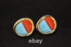 Vintage GROSSE Germany Gold Tone Blue & Red Scarab Form Clip Earrings