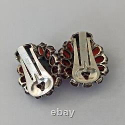 Vintage Garnet Clip Earrings Sterling Silver Art Deco Button Oval VTG Fine 925
