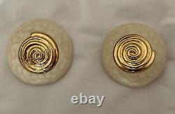 Vintage Givenchy Clip Earrings Paris New York White Hold Tone Swirl Circle