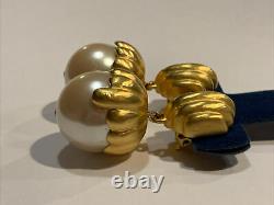 Vintage Givenchy Gold Faux Pearl Satin Finish Dangle Clip On Earrings 80s