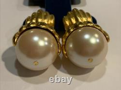 Vintage Givenchy Gold Faux Pearl Satin Finish Dangle Clip On Earrings 80s