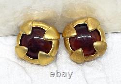 Vintage Givenchy Gold Metal Clip Earrings with Red Cab Centers Signed