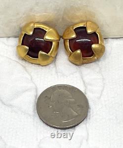 Vintage Givenchy Gold Metal Clip Earrings with Red Cab Centers Signed
