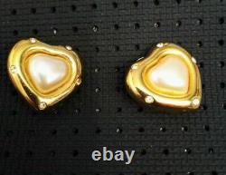 Vintage Givenchy Goldplated Heart Faux Pearl & Swarovski Clip Earrings