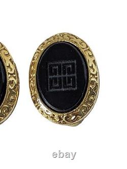 Vintage Givenchy Logo Clip On Earrings Black Glass Intaglio Carved