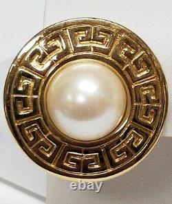 Vintage Givenchy Logo Gold Tone Faux Pearl Couture Statement Clip Earrings 1 1/4