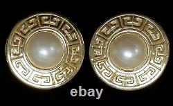 Vintage Givenchy Logo Gold Tone Faux Pearl Couture Statement Clip Earrings 1 1/4