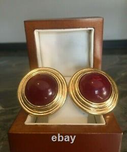 Vintage Givenchy Paris NY Red Cabochon Gold Plated Clip Earrings Signed Large