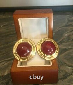 Vintage Givenchy Paris NY Red Cabochon Gold Plated Clip Earrings Signed Large