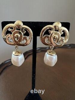 Vintage Givenchy Paris New York 1980's Gold & Pearl Drop Dangle Clip Earrings