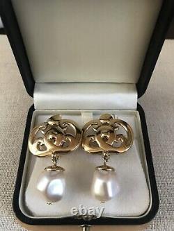 Vintage Givenchy Paris New York 1980's Gold & Pearl Drop Dangle Clip Earrings