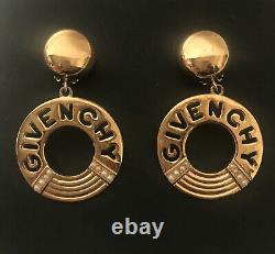 Vintage Givenchy Paris New York Gold Pearl Designer LOVELY Logo Clip On Earrings