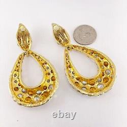Vintage Gold Glass Rhinestone Dangle Designer Runway Clip On Earrings