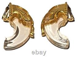 Vintage Gold Tone Lucite Large Modernist Clip Earrings