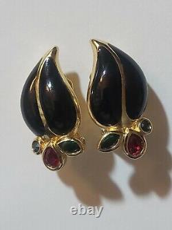 Vintage Grosse Signed For Christian Dior Clip On Jeweled Red Enamel Earrings