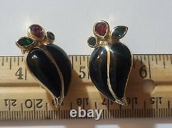 Vintage Grosse Signed For Christian Dior Clip On Jeweled Red Enamel Earrings