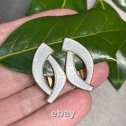 Vintage Guilloche Enamel Sterling Silver Clip-On Earrings Mid-Century Norway