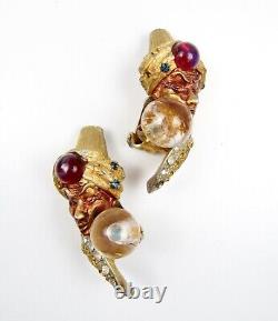 Vintage HAR Genie Fortune Teller Clip Earrings Rhinestone Dragons Breathe Lucite